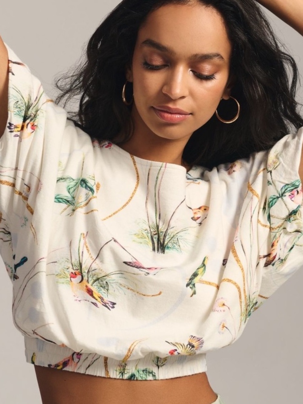 Anthropologie White Cropped Top with Multicolor Bird Print